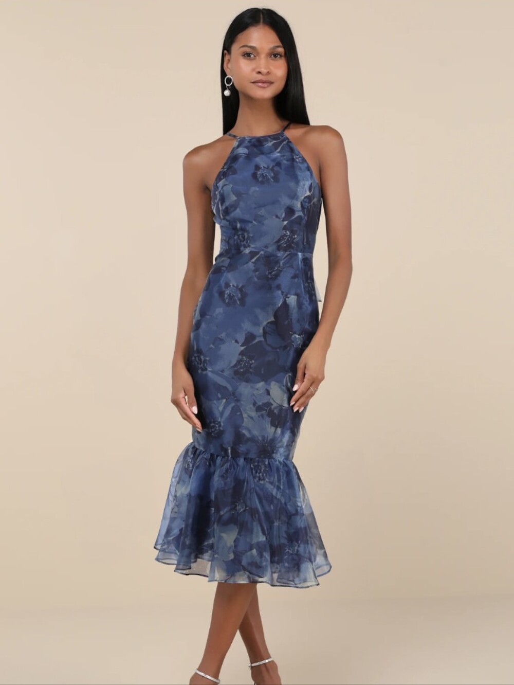 Lulus Admirable Essence Navy Floral Organza Trumpet Midi Dress NWT XXL